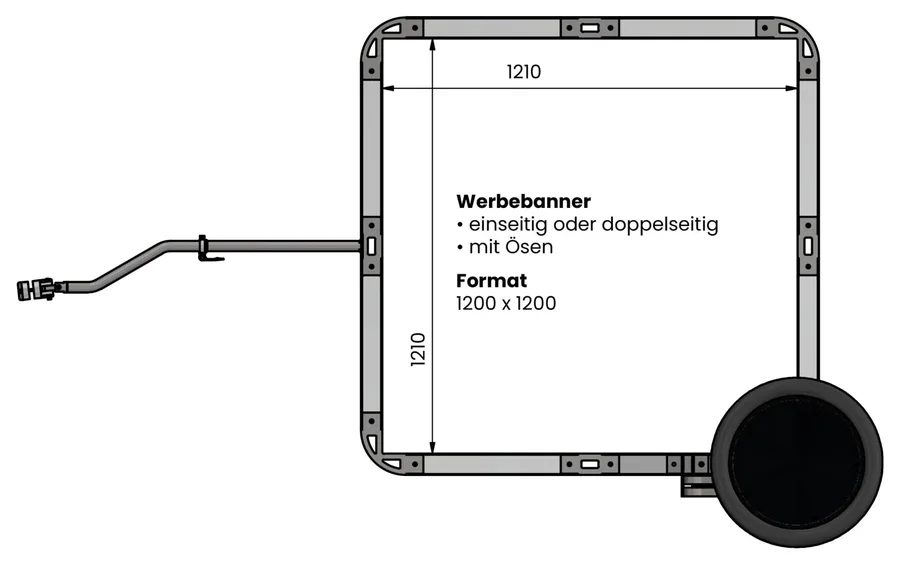 Blachenformat 1200 × 1200 mm am Biketrailer
