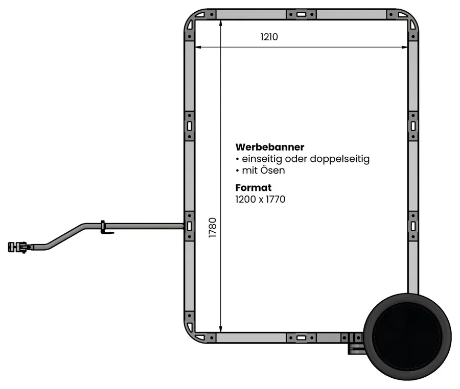 Blachenformat 1200 × 1770 mm am Biketrailer