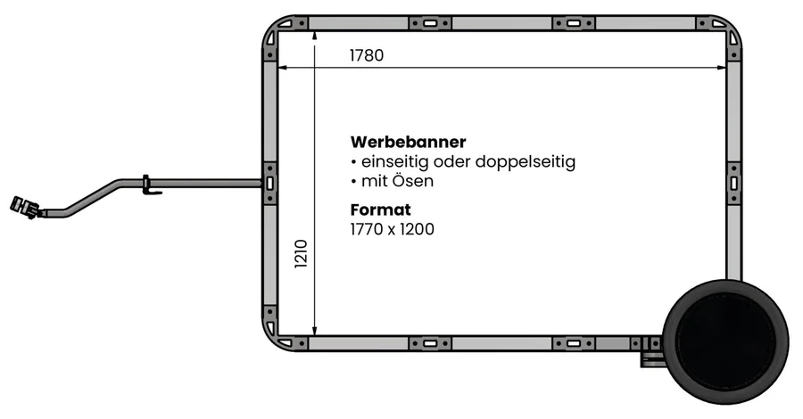 Blachenformat 1770 × 1200 mm am Biketrailer