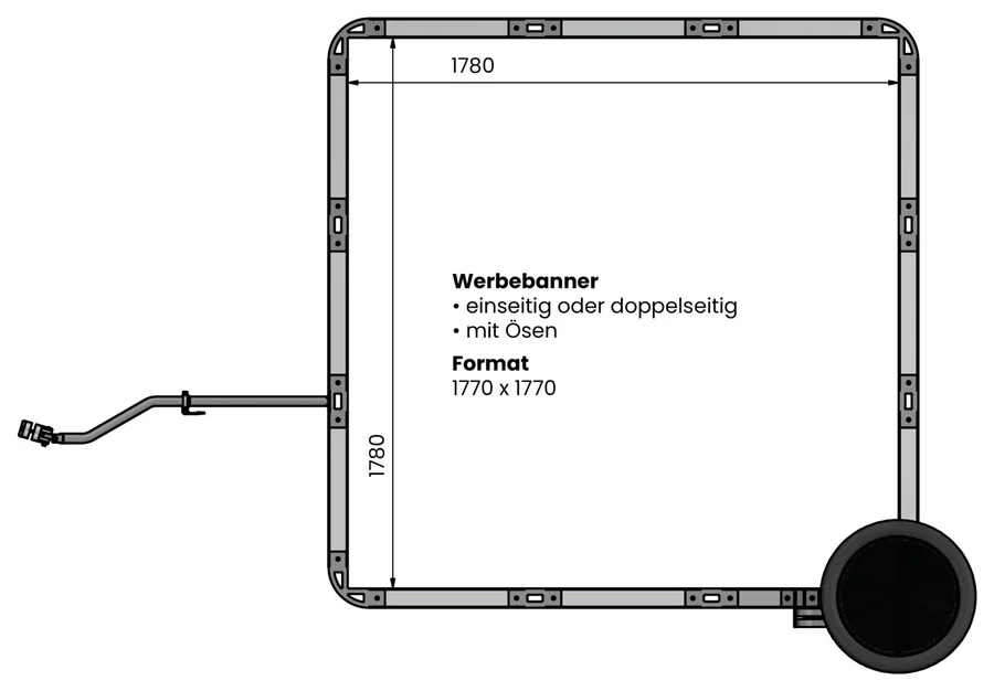 Blachenformat 1770 × 1770 mm am Biketrailer