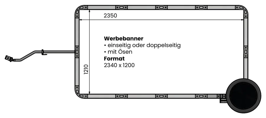 Blachenformat 2340 × 1200 mm am Biketrailer