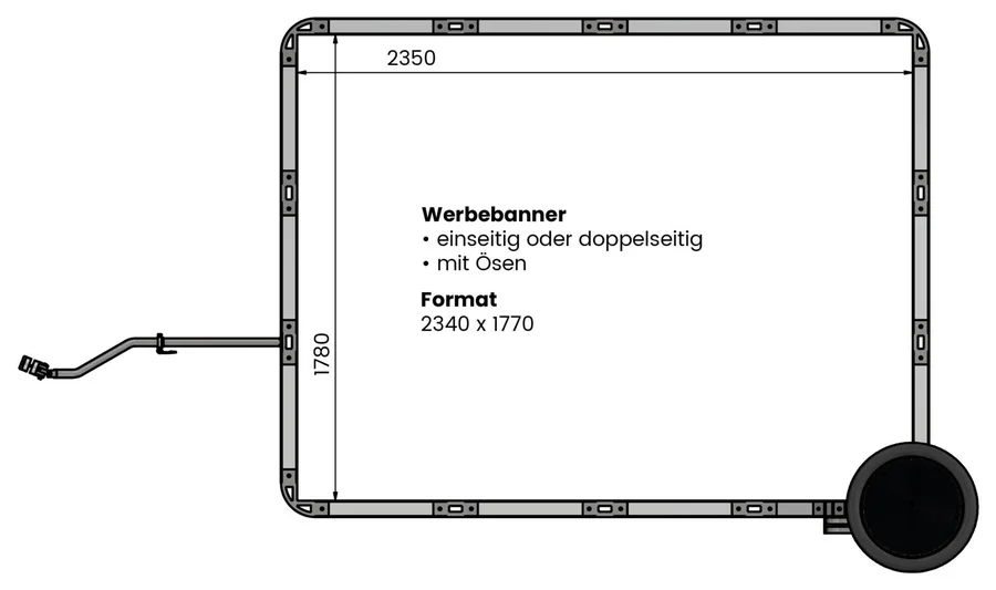 Blachenformat 2340 × 1770 mm am Biketrailer